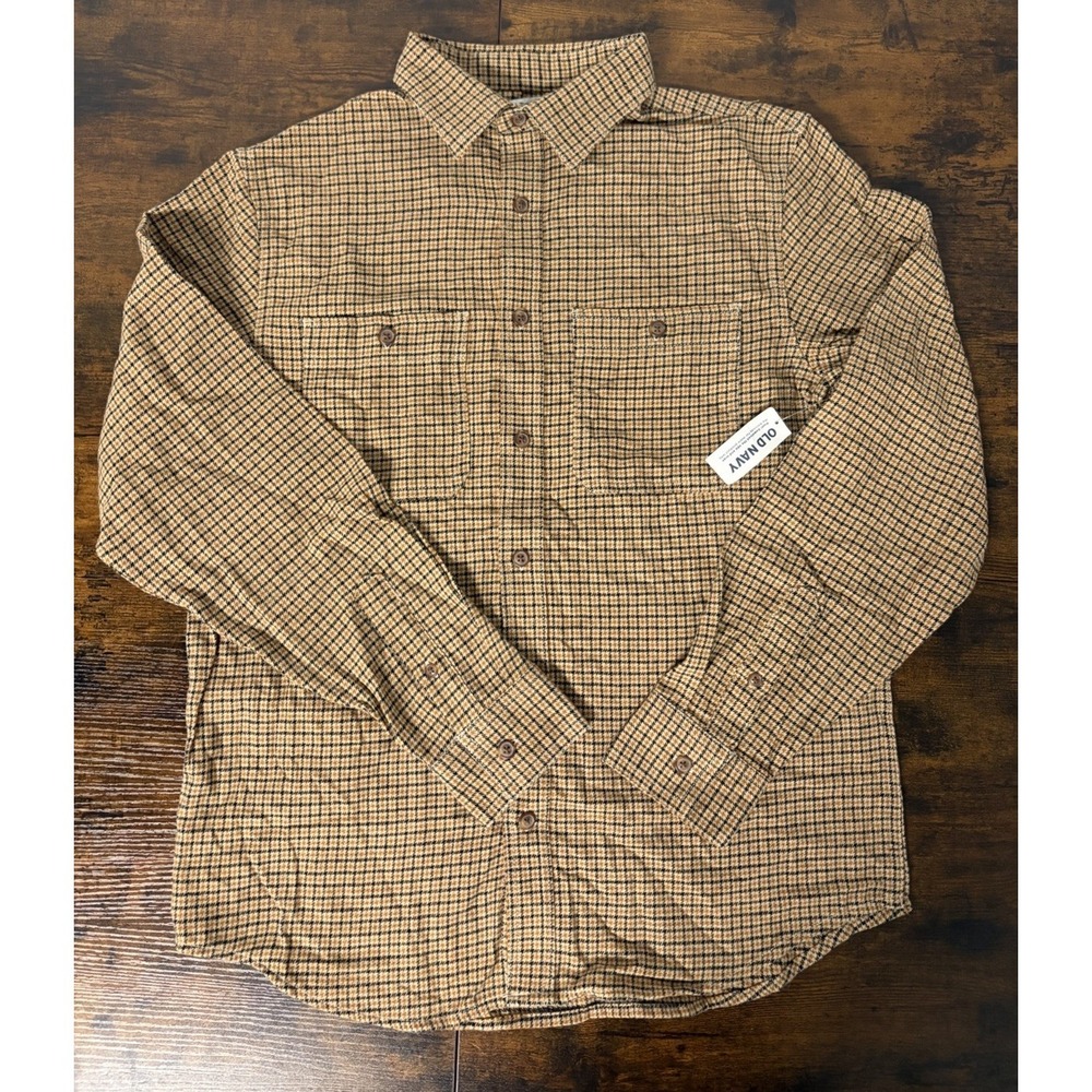 Old Navy Brown Houndstooth Check Plaid Flannel Shirt LS Medium Men's NWT
